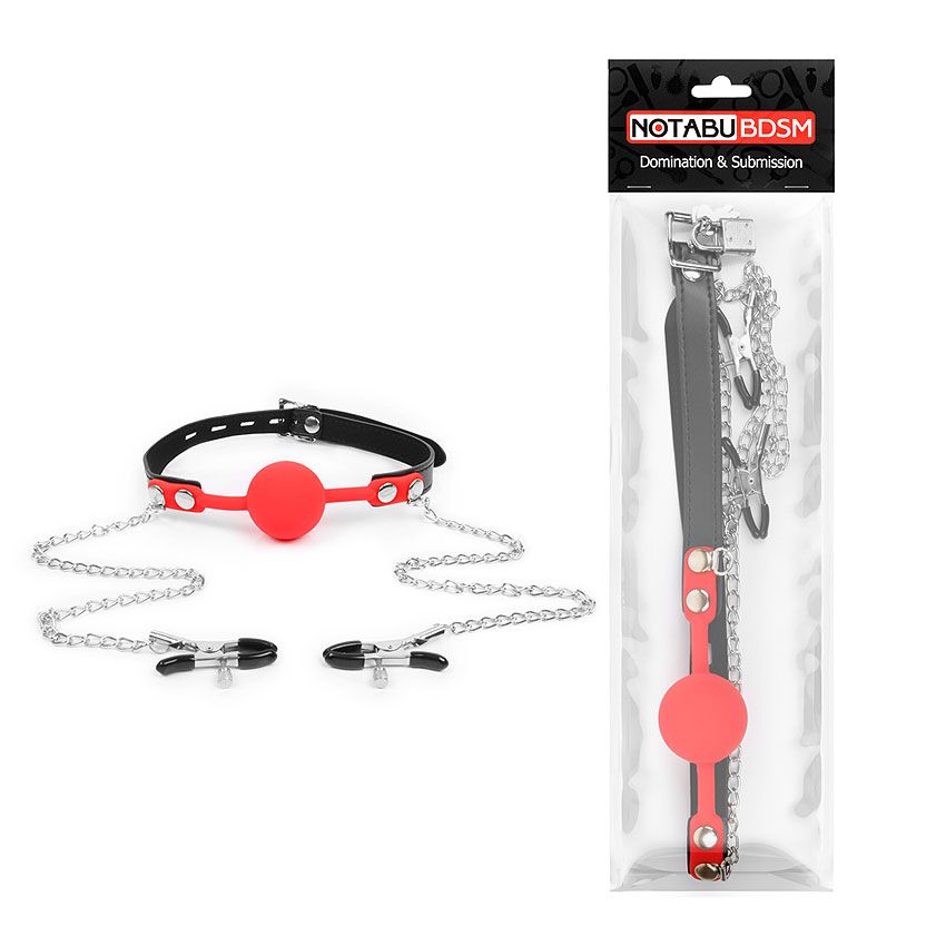 Красный кляп-шарик с зажимами на соски на металлической цепочке — изображение 2