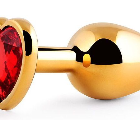 Золотистая анальная пробка с красным стразом-сердечком - 8 см.