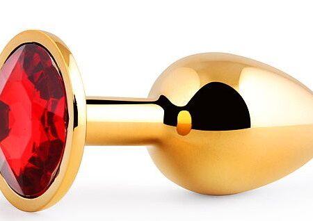 Золотистая анальная пробка с красным стразом - 7,2 см.