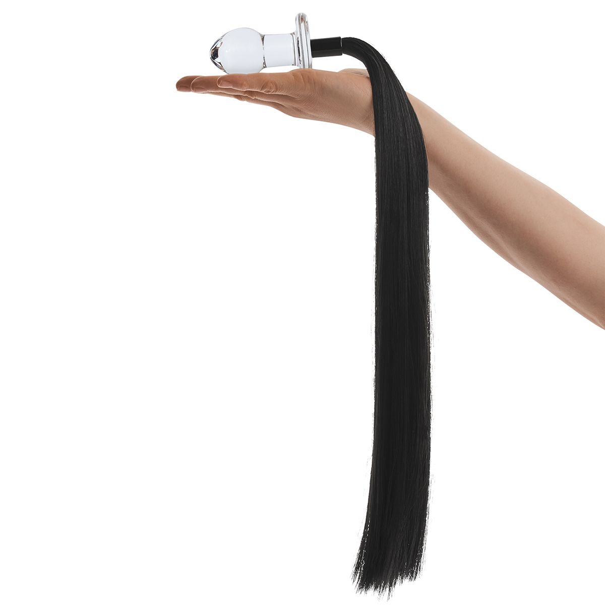 Стеклянная анальная пробка с черным конским хвостом — изображение 3