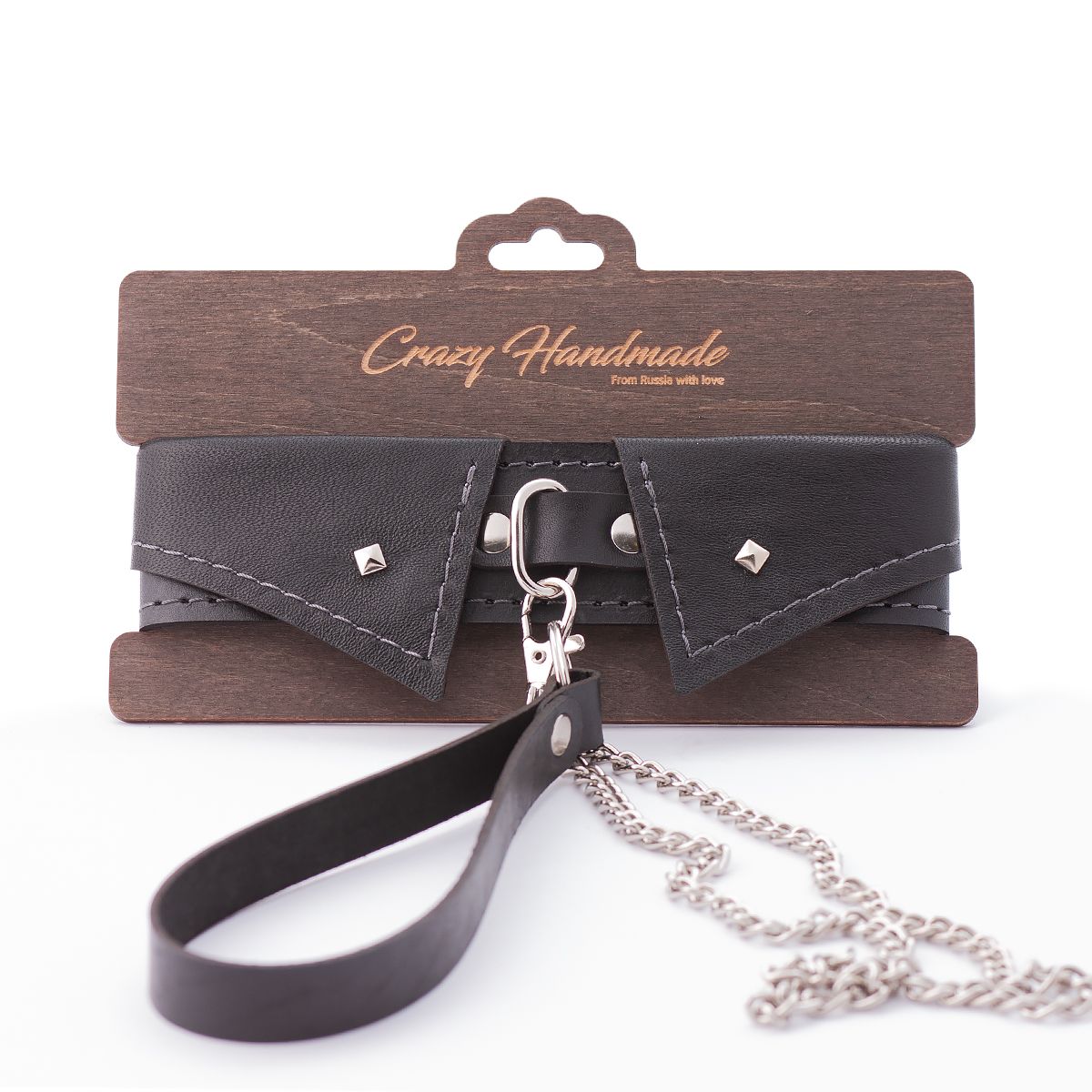 Черный ошейник-воротничок с металлическим поводком — изображение 3