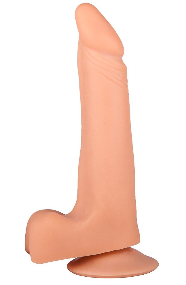 Телесный фаллоимитатор с мошонкой на присоске - 19 см.