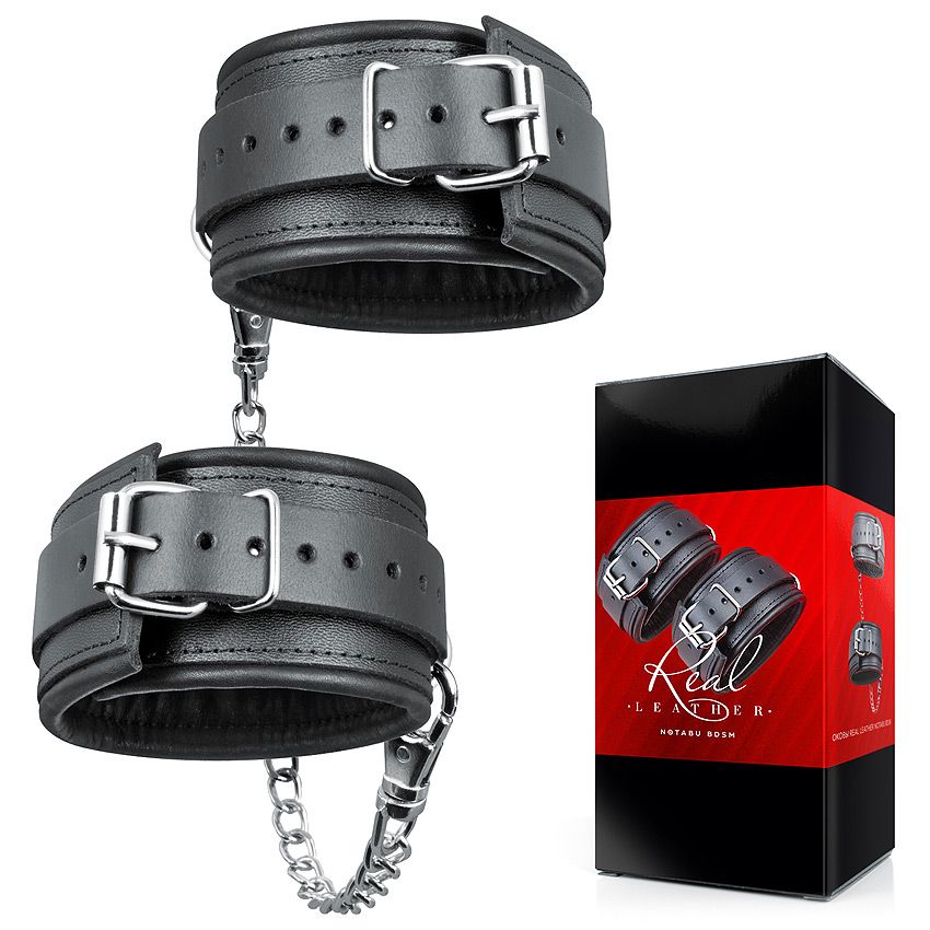 Черные кожаные оковы на цепочке с карабинами — изображение 2