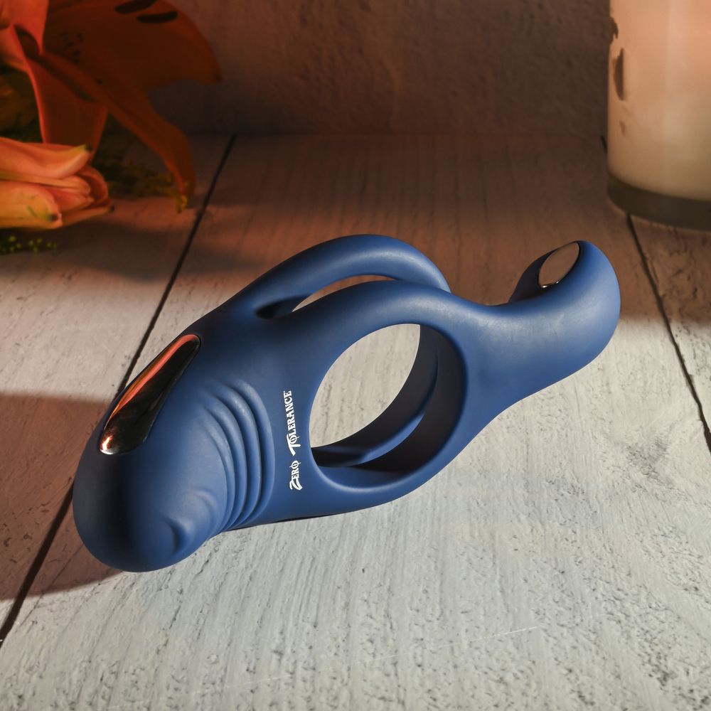 Синее эрекционное виброкольцо с двойным подхватом мошонки Ring Around The Rosy — изображение 11