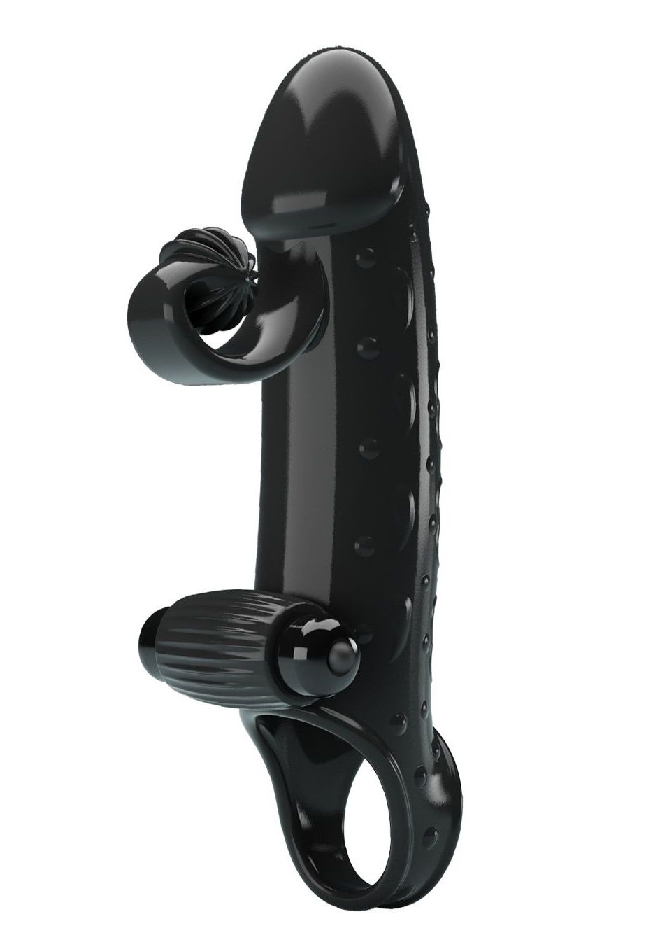 Черная вибронасадка на пенис с подхватом мошонки - 20 см.