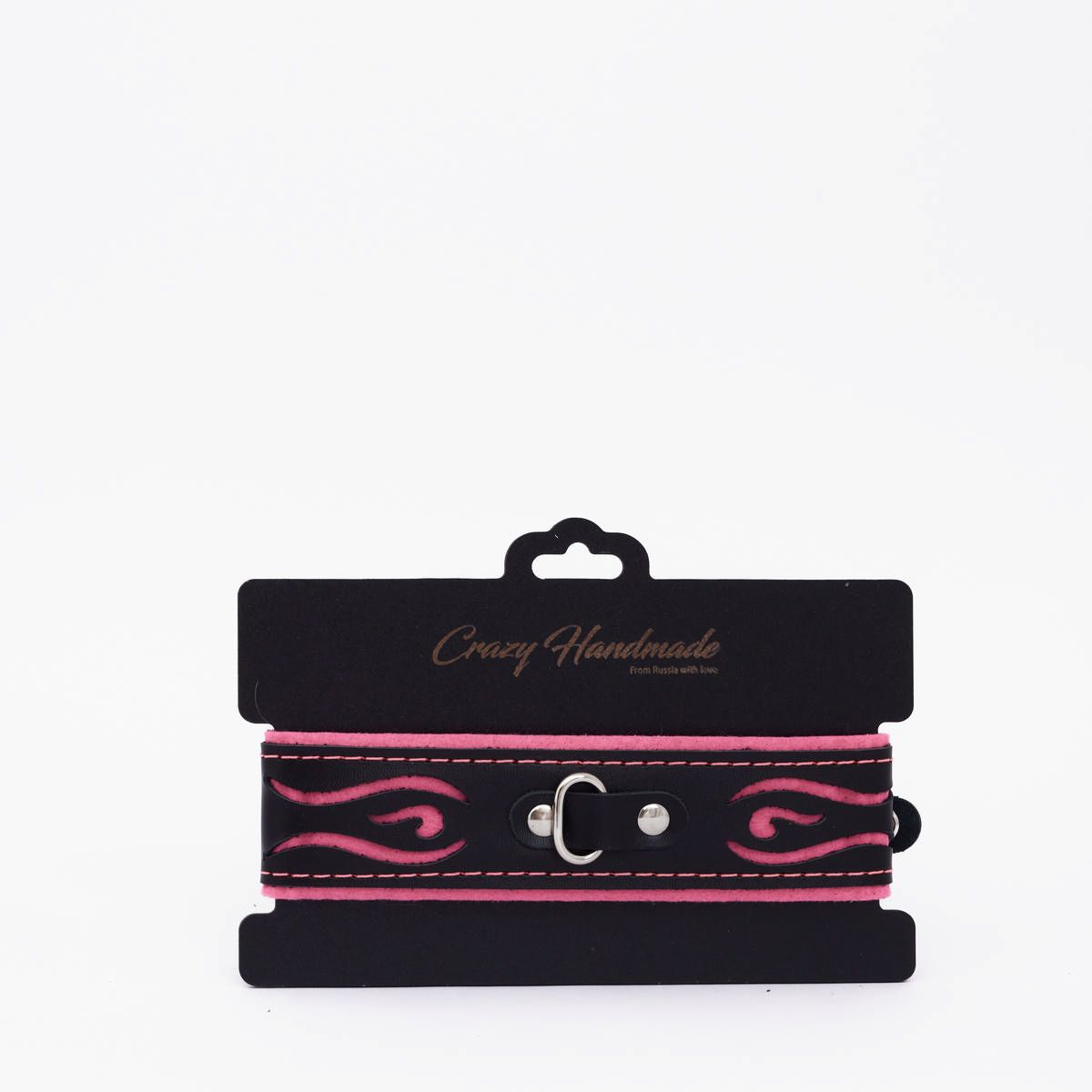 Черно-розовый кожаный ошейник с розовой строчкой — изображение 2
